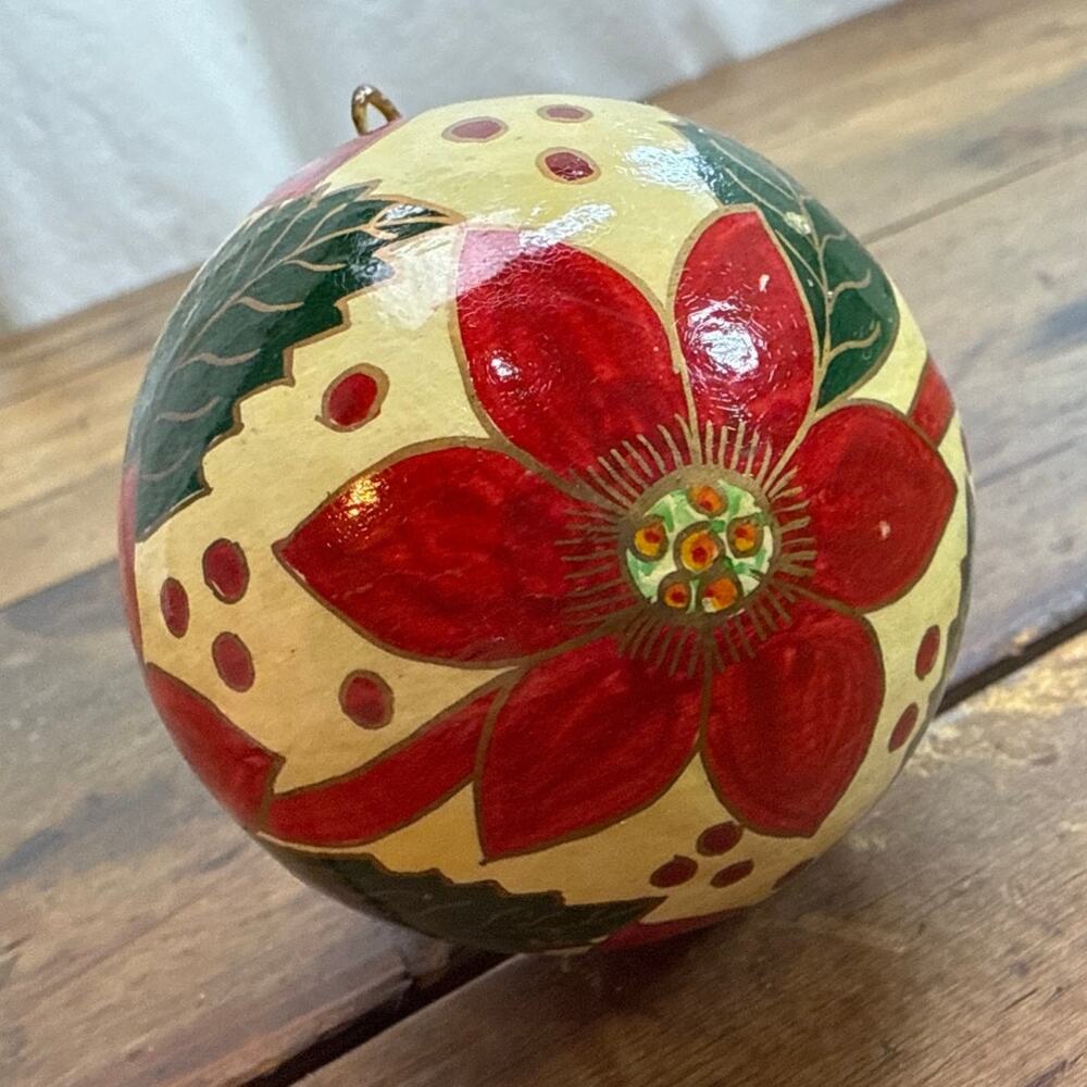 Hand Painted Papier-mâché Christmas Ball Ornament Red Poinsettia Flowers India